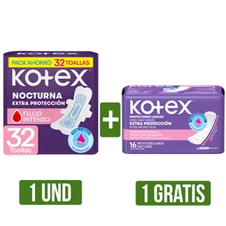 Toalla Higiénica Kotex Nocturna Tela x32 Toallas Gts Protectores Kotex Diarios Largos x16