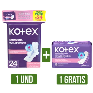 Toalla Higiénica Kotex Nocturna x24 Gts Protectores Kotex Diarios Largos x16