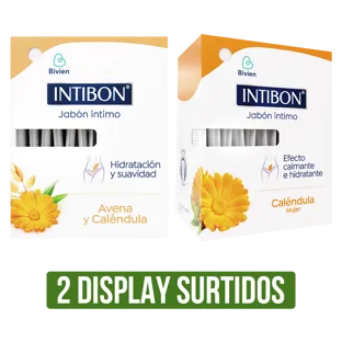 2 Display Jabón Íntimo Intibon Caléndula Mujer/Avena Sachet x12Un x25ml