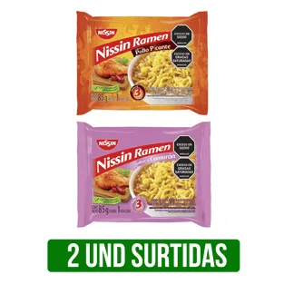 2Und Pasta Precocida Nissin Ramen Surtida x85gr (Camarón/Verduras/Pollo Picante)