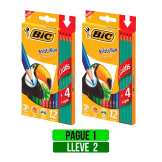 Pague 1 Lleve 2Und Colores BIC Evolution x12Un + 4 Lápices Gratis