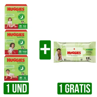 1Un Pañal Huggies Active Sec Gts 1Un Toallitas Húmedas Huggies Limpieza Efectiva x16