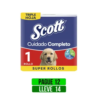 Pague 12 Lleve 14Und Papel Higiénico Scott Cuidado Completo Triple Hoja x30mts