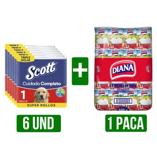 6Un Papel Scott Cuidado Completo + 1 Paca de Arroz x25Un Diana x500gr