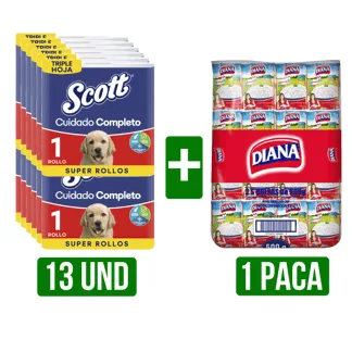 13Un Papel Scott Cuidado Completo + 1 Paca de Arroz x25Un Dianax500gr