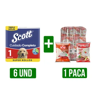 6Un Papel Scott Cuidado Completo + 1 Paca de Arroz Mixto x25Un(Florhuila/Roa)x500gr