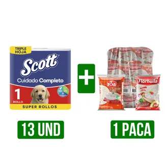 13Un Papel Scott Cuidado Completo + 1 Paca de Arroz Mixto x25Un(Florhuila/Roa) x500gr