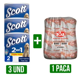 3Un Papel Scott 2 en 1 Jumbo x2Rollos + 1 Paca de Arroz x25Un Roa Forti x500gr