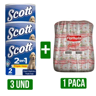 3Un Papel Scott 2 en 1 Jumbo x2Rollos + 1 Paca de Arroz x25Un Florhuila x500gr