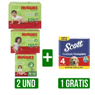 2Un Pañal Huggies Active Sec x25 Pañales Gts 1Un Papel Higiénico Scott C Compl TH