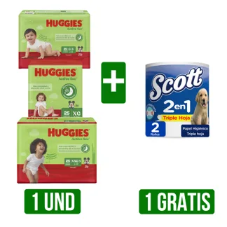 Pañal Huggies Active Sec x25 Gts 1Un Papel Higiénico Scott 2 En 1 Jumbo Triple Hoja x15Un x2