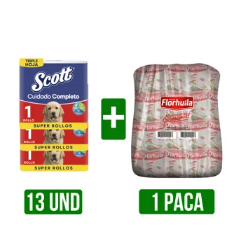 13Un Papel Scott Cuidado Completo + 1 Paca de Arroz x25Un(Florhuila) x500gr