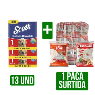 13Un Papel Scott Cuidado Completo + 1 Paca de Arroz Mixto x25Un(Florhuila/Roa) x500gr