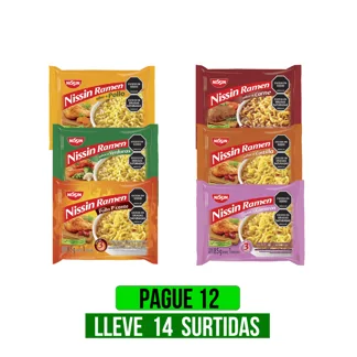 Pague 12 Lleve 14Un Nissin Ramen Surtido (Pollo/Carne/Verduras/Costilla/Camarón/Pollo Pica) x85gr