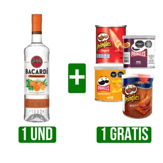 Ron Bacardi Mandarina x12Un x700ml Gts Papas Fritas Pringles(Crema y Cebolla/Pringles BBQ) x40gr