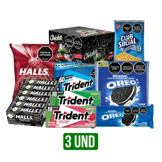 3Un Combo Mondelez (Trident/Halls/Chiclets/Club Social/Oreo)
