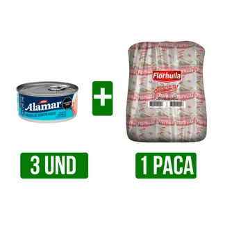3Un Atún Alamar Bocados Aceite x140gr Dto 20% + 1 Paca Arroz x25Un Florhuila 500gr Dto 13%