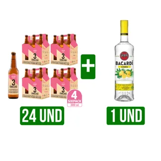 24 Und Cerveza Tres Cordilleras Rosada  x300ml  + Ron Bacardi Limón x700ml