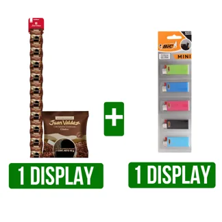1 Display Café Juan Valdez Liofilizado Clásico Sachet x10Un x8gr + Encendedor Bic Mini J5 x5Un