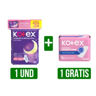 1Un Toalla Higiénica Kotex Comfort & Protec Noct M Pack x24 Gts 1Un Protector Intimo N Kotex x15