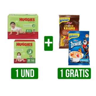 1Un Pañal Huggies Active Sec L/XG Singlepk x25 Gts 1Un Cereal Kellogg Megapake Surtido x115gr
