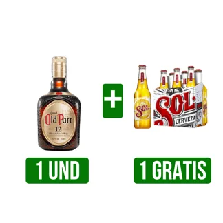 Whisky Old Parr 12años x750ml Gts Six pack  Cerveza Sol Botella x250ml