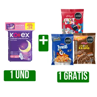 1Un Toalla Higiénica Kotex Nocturna x24 Gts 1Un Cereal Kellogg Megapaketicos Surtido