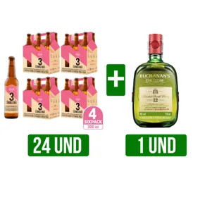 24 Und Cerveza Tres Cordilleras Rosada Botella x300ml  + Buchanan´s D´Luxe x750ml