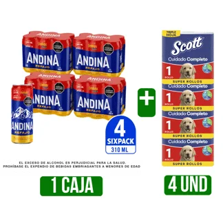 Caja Refajo Andina x310ml Dto  Gts 4Und Papel Higiénico Scott Cuidado Triple H x1 Rollo x30mts